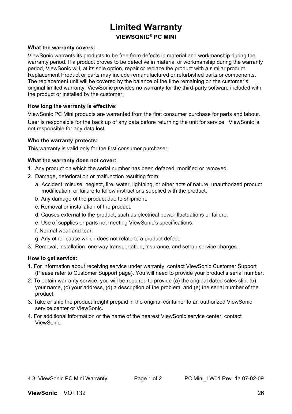 Limited warranty | VIEWSONIC PC mini 132 User Manual | Page 33 / 35
