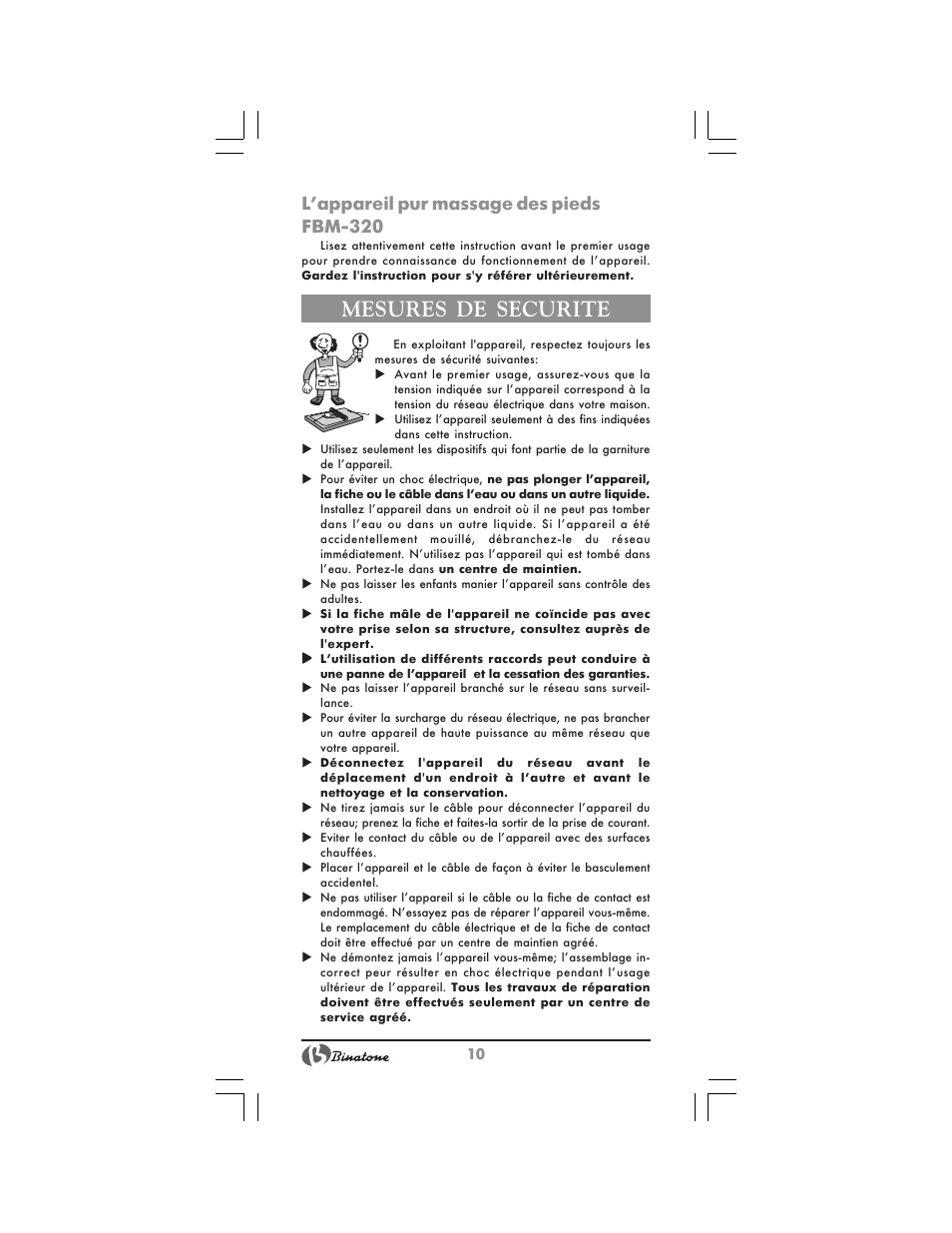 Mesures de securite, L’appareil pur massage des pieds fbm-320 | Binatone FM-320 User Manual | Page 10 / 28