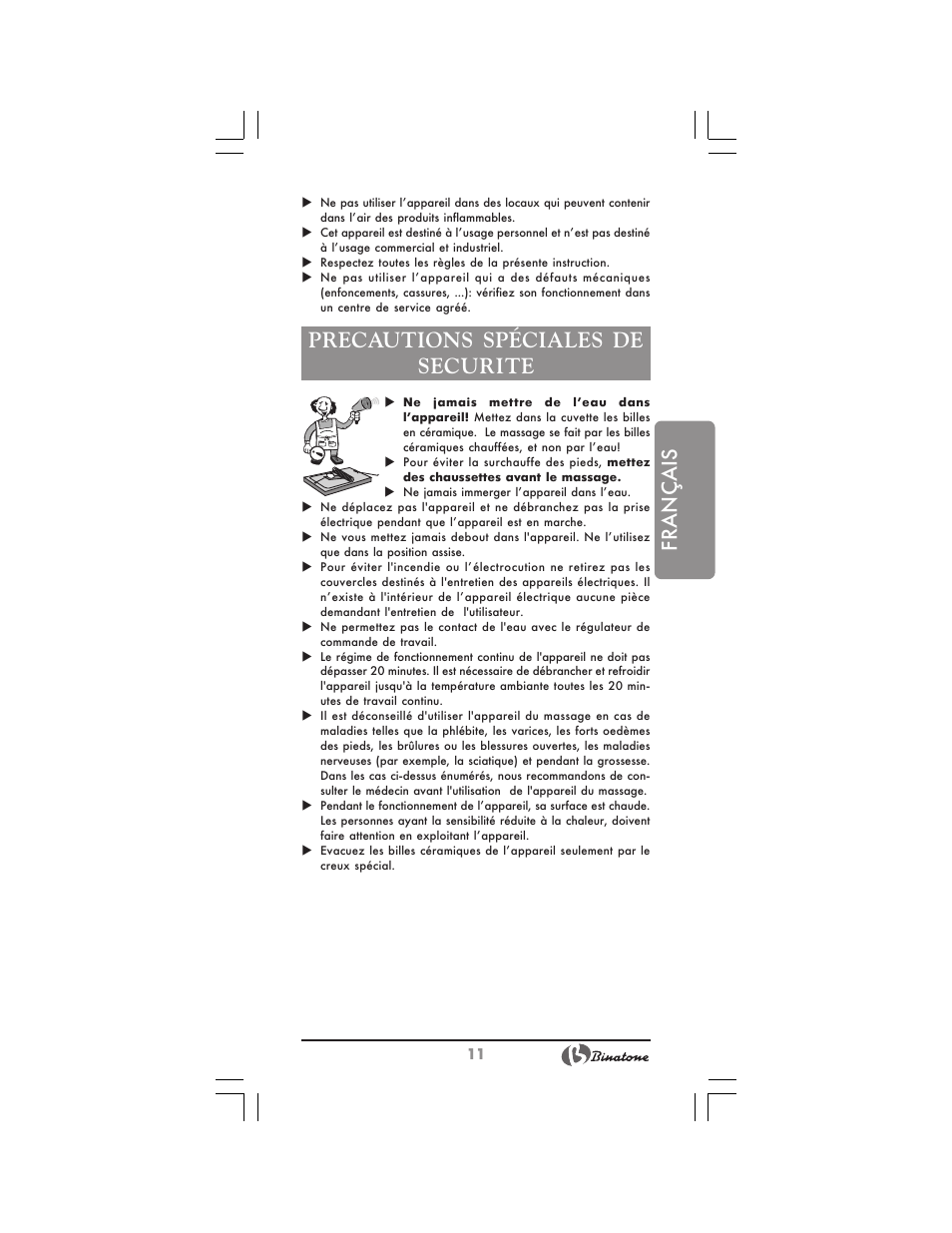 Français, Precautions spéciales de securite | Binatone FM-320 User Manual | Page 11 / 28