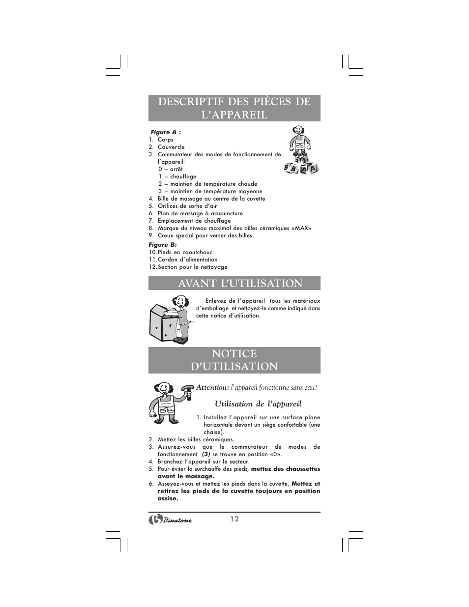 Descriptif des pièces de l’appareil, Avant l’utilisation, Notice d’utilisation | Binatone FM-320 User Manual | Page 12 / 28
