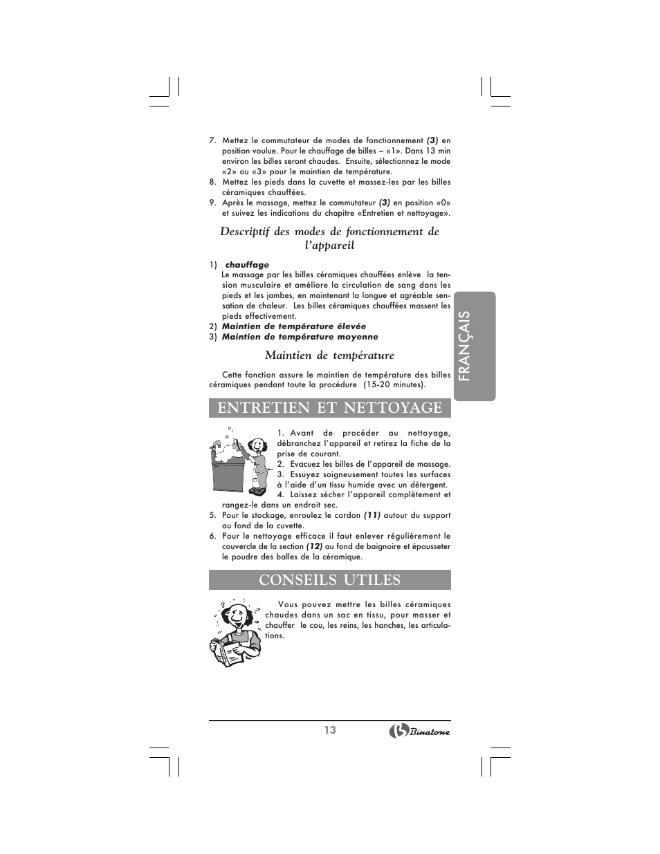 Français, Entretien et nettoyage, Conseils utiles | Binatone FM-320 User Manual | Page 13 / 28