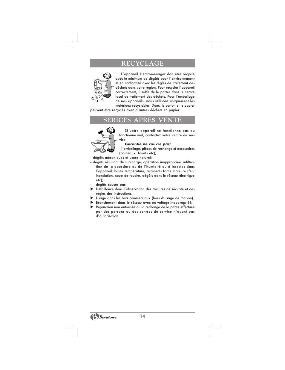 Recyclage, Serices apres vente | Binatone FM-320 User Manual | Page 14 / 28