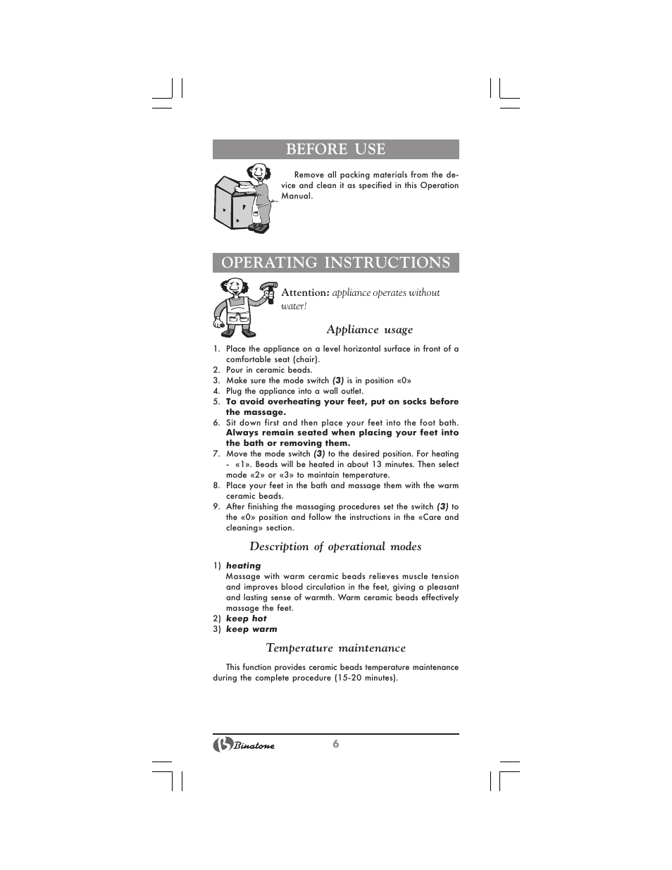 Before use, Operating instructions, Appliance usage | Description of operational modes, Temperature maintenance | Binatone FM-320 User Manual | Page 6 / 28