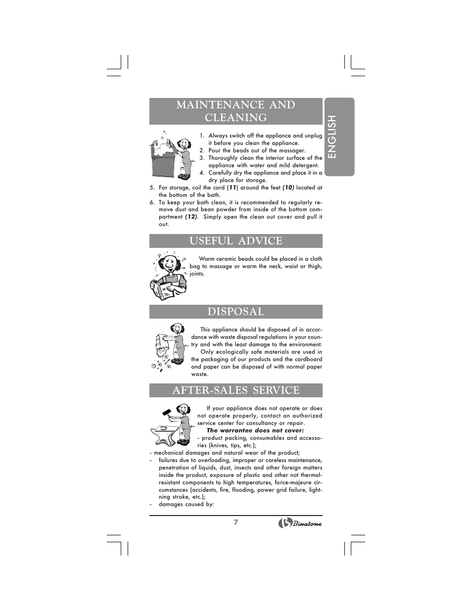 English maintenance and cleaning, Useful advice, Disposal | After-sales service | Binatone FM-320 User Manual | Page 7 / 28