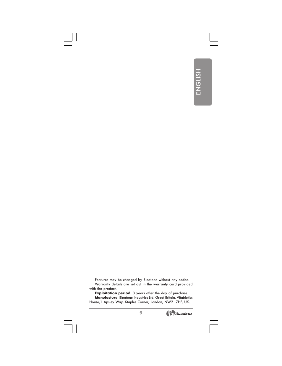 English | Binatone FM-320 User Manual | Page 9 / 28