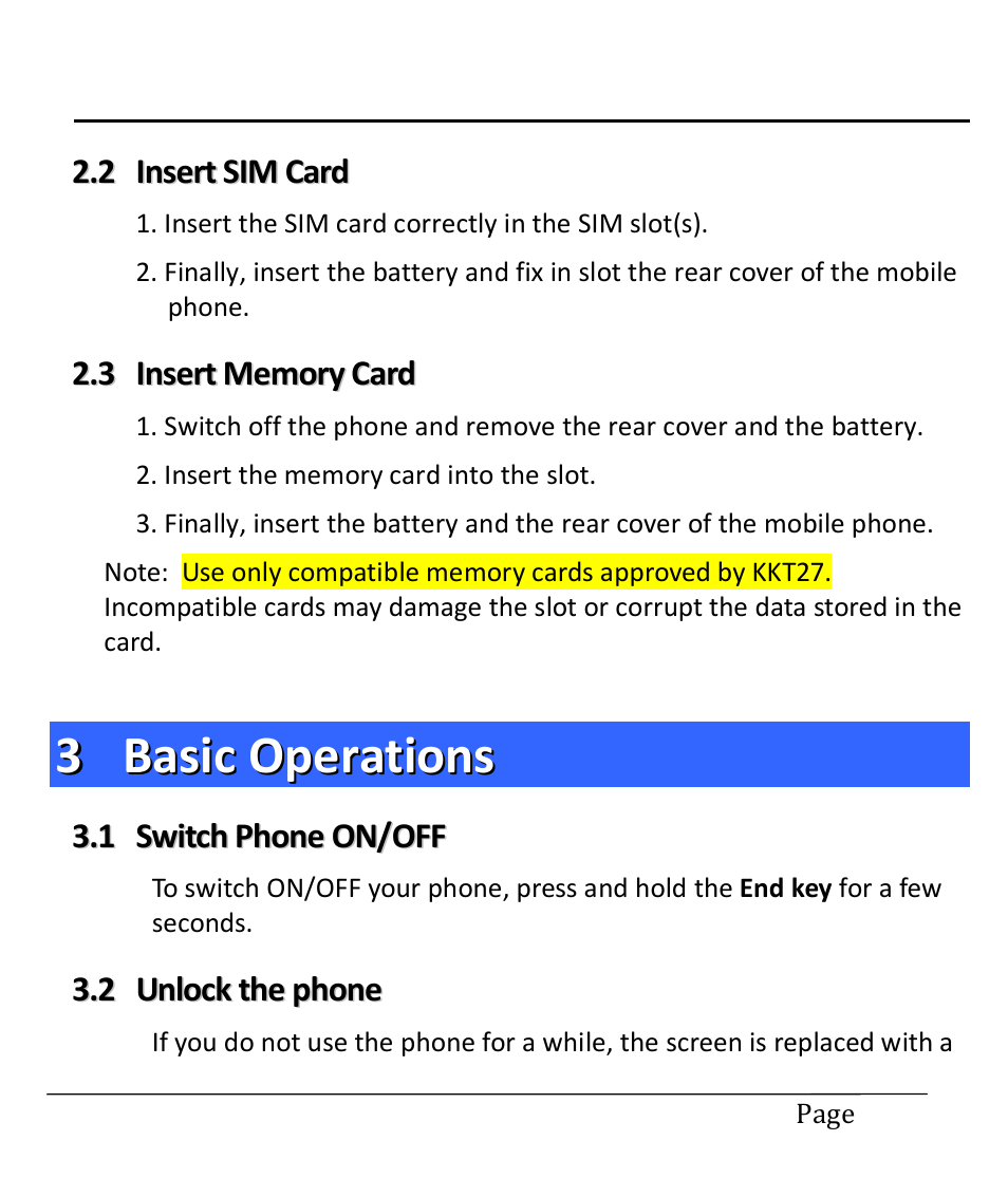 2 insert sim card, 3 insert memory card, 3 basic operations | 1 switch phone on/off, 2 unlock the phone, Insert sim card, Insert memory card, Basic operations, Switch phone on/off, Unlock the phone | Lava Mobiles Spark 285 User Manual | Page 10 / 29