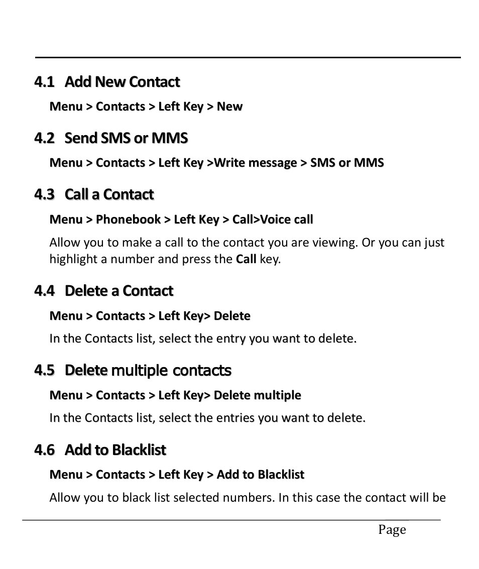 1 add new contact, 2 send sms or mms, 3 call a contact | 4 delete a contact, 5 delete multiple contacts, 6 add to blacklist, Add new contact, Send sms or mms, Call a contact, Delete a contact | Lava Mobiles Spark 285 User Manual | Page 12 / 29