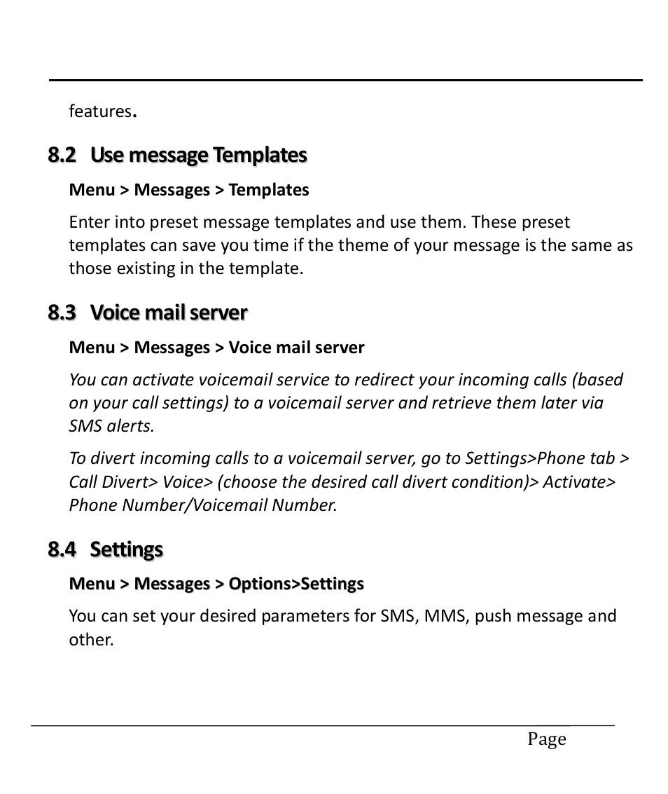 2 use message templates, 3 voice mail server, 4 settings | Use message templates, Voice mail server, Settings, User manual | Lava Mobiles Spark 285 User Manual | Page 16 / 29