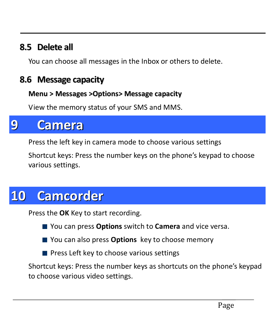 5 delete all, 6 message capacity, 9 camera | 10 camcorder, Delete all, Message capacity, Camera, Camcorder | Lava Mobiles Spark 285 User Manual | Page 17 / 29