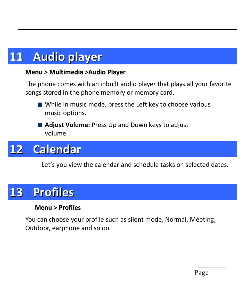 11 audio player, 12 calendar, 13 profiles | Audio player, Calendar, Profiles | Lava Mobiles Spark 285 User Manual | Page 18 / 29