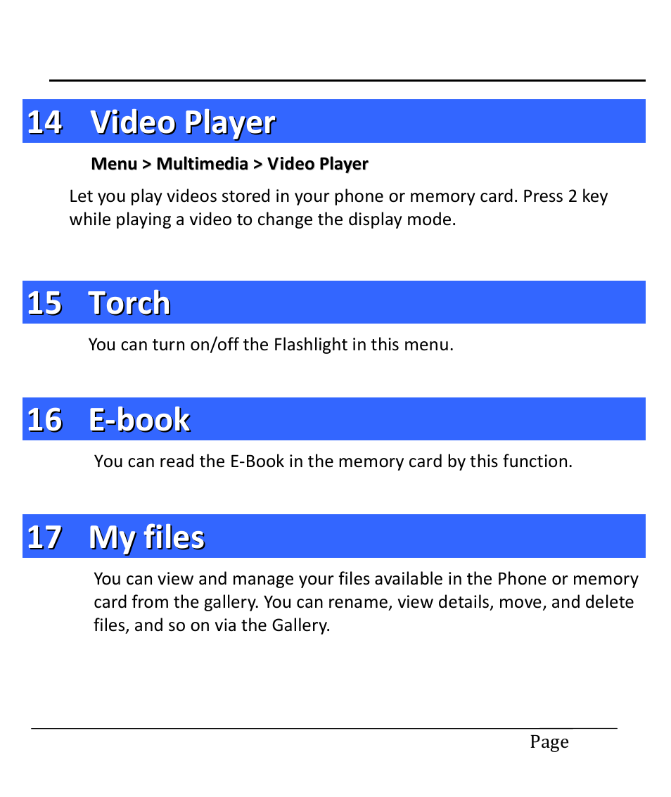 14 video player, 15 torch, 16 e-book | 17 my files, Video player, Torch, E-book, My files | Lava Mobiles Spark 285 User Manual | Page 19 / 29