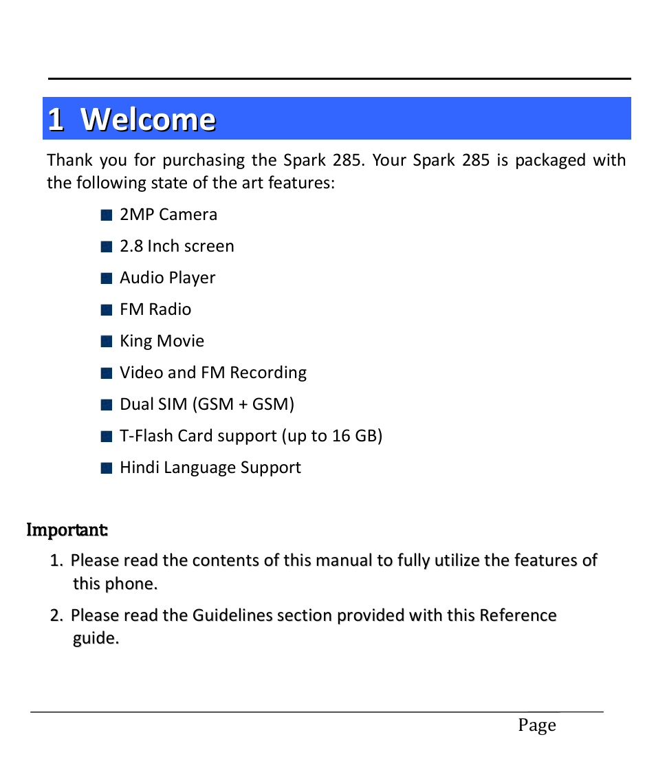 1 welcome, User manual | Lava Mobiles Spark 285 User Manual | Page 2 / 29