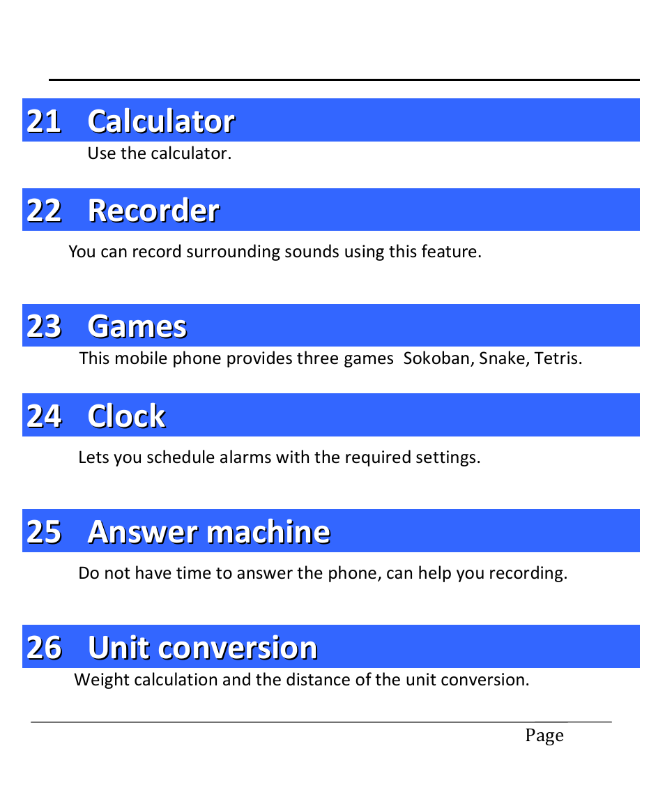 21 calculator, 22 recorder, 23 games | 24 clock, 25 answer machine, 26 unit conversion, Calculator, Recorder, Games, Clock | Lava Mobiles Spark 285 User Manual | Page 21 / 29