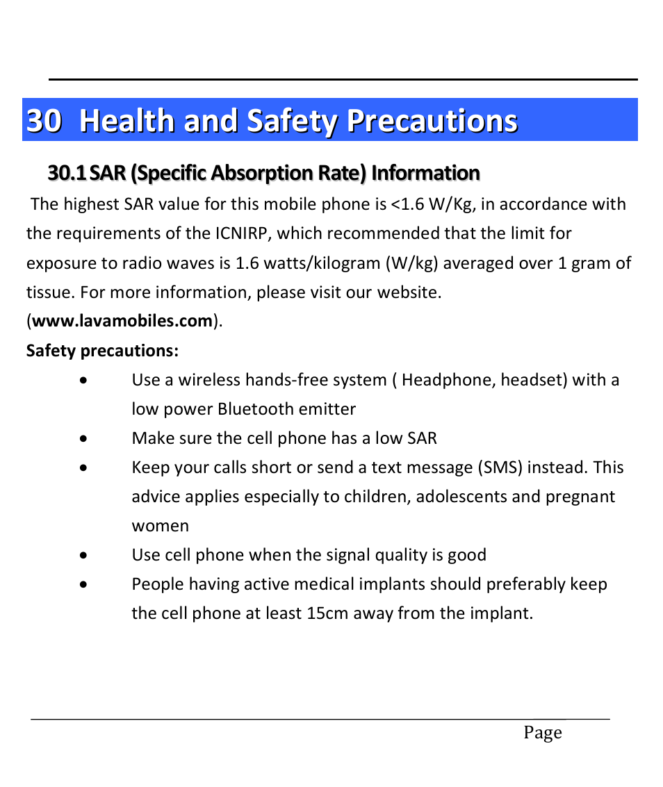 30 health and safety precautions, 1 sar (specific absorption rate) information, Health and safety precautions | Sar (specific absorption rate) information | Lava Mobiles Spark 285 User Manual | Page 23 / 29