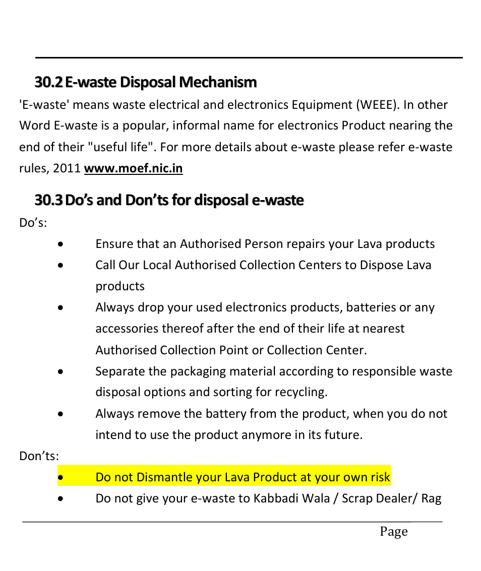 2 e-waste disposal mechanism, 3 do’s and don’ts for disposal e-waste, E-waste disposal mechanism | Do’s and don’ts for disposal e-waste, User manual | Lava Mobiles Spark 285 User Manual | Page 24 / 29