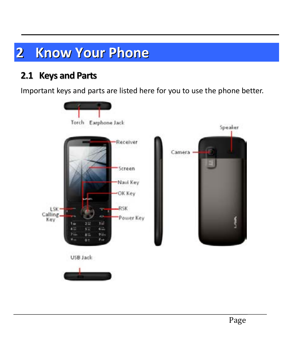 2 know your phone, 1 keys and parts, Know your phone | Keys and parts | Lava Mobiles Spark 285 User Manual | Page 9 / 29