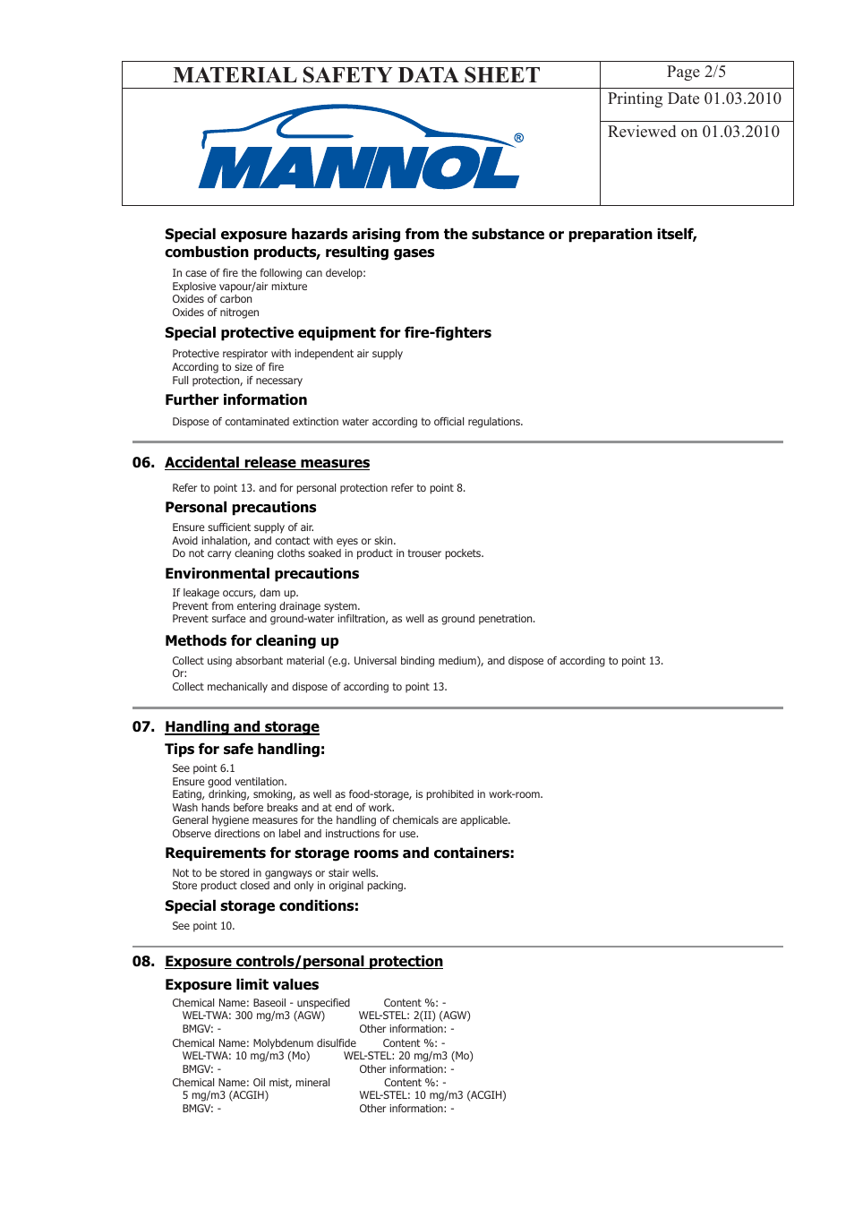 Material safety data sheet | SCT-Germany UNIVERSAL MULTI-MoS2 GREASE EP2 User Manual | Page 2 / 5