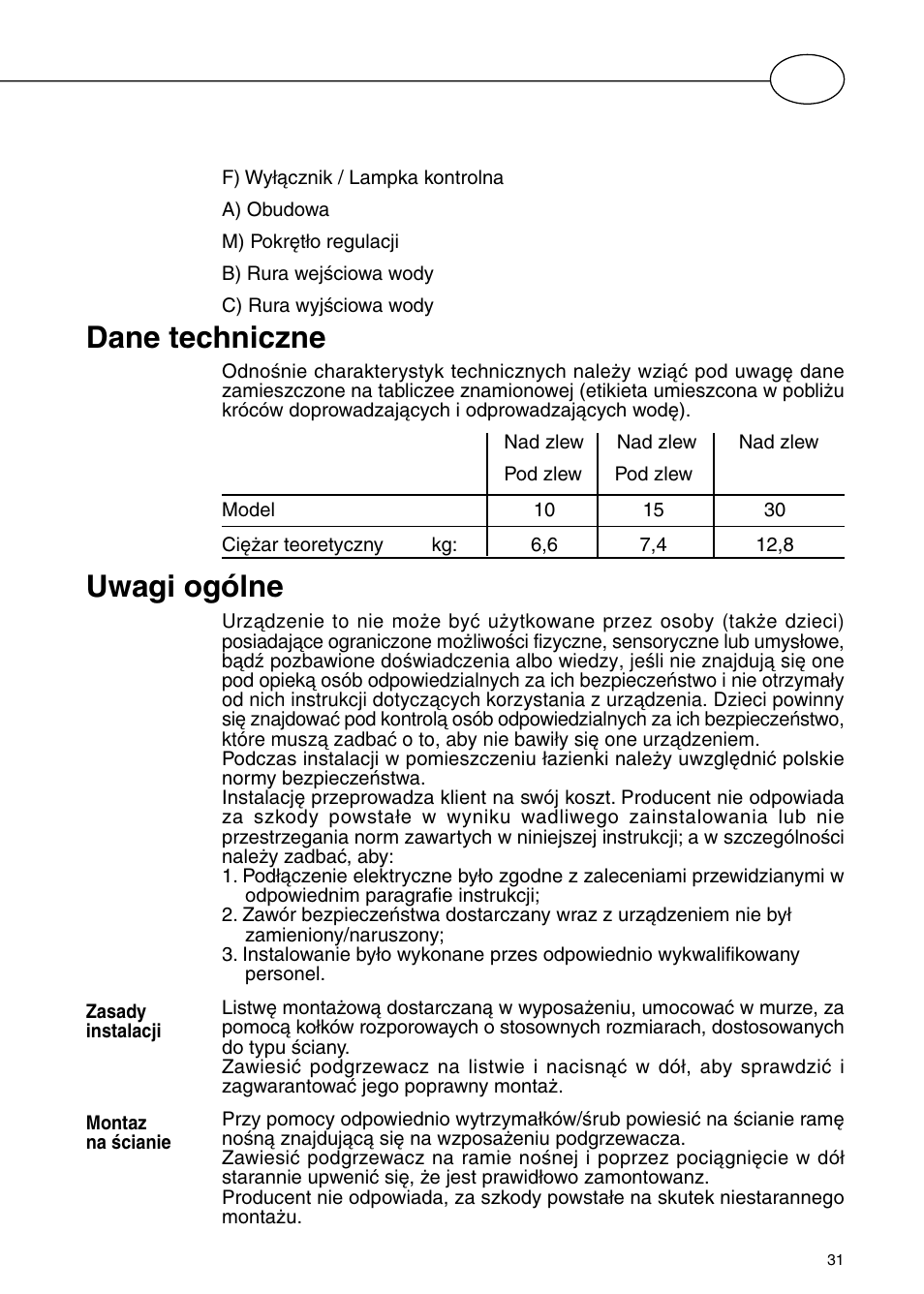 Uwagi ogólne, Dane techniczne, Opis podgrzewacza wody | Polaris Серия P 15 0R/UR User Manual | Page 33 / 88