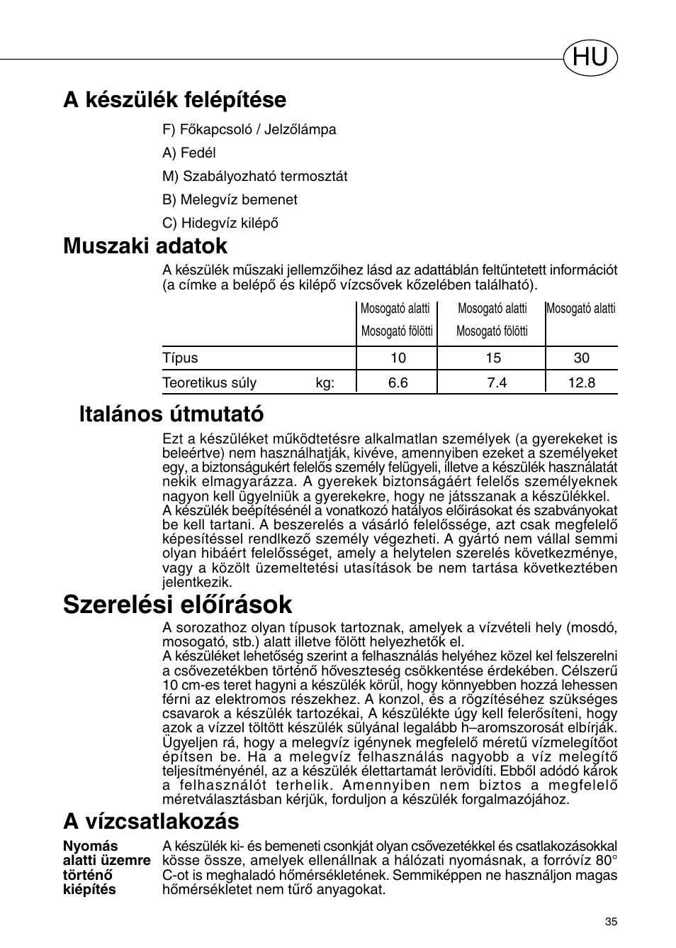 Szerelési előírások, Általános útmutató, A készülék felépítése | A vízcsatlakozás, Muszaki adatok | Polaris Серия P 15 0R/UR User Manual | Page 37 / 88