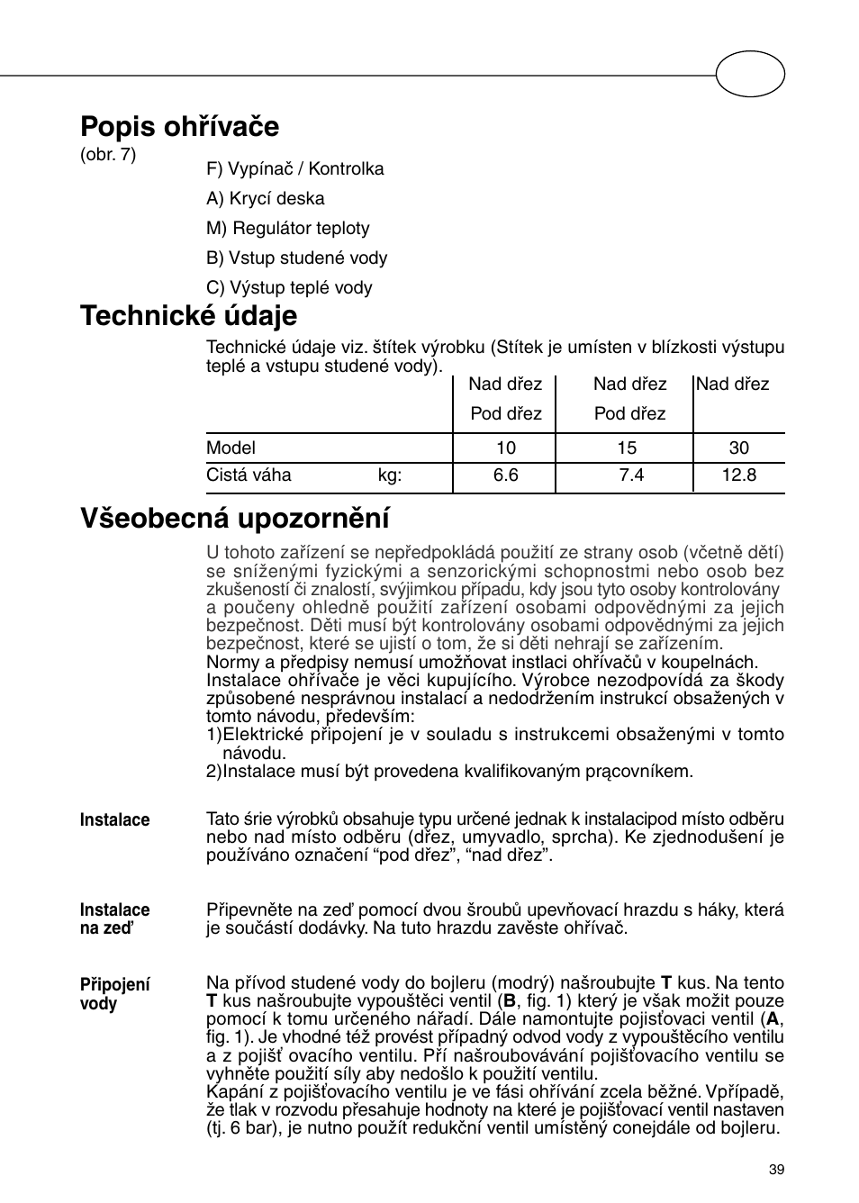 Všeobecná upozornění, Popis ohřívače, Technické údaje | Polaris Серия P 15 0R/UR User Manual | Page 41 / 88