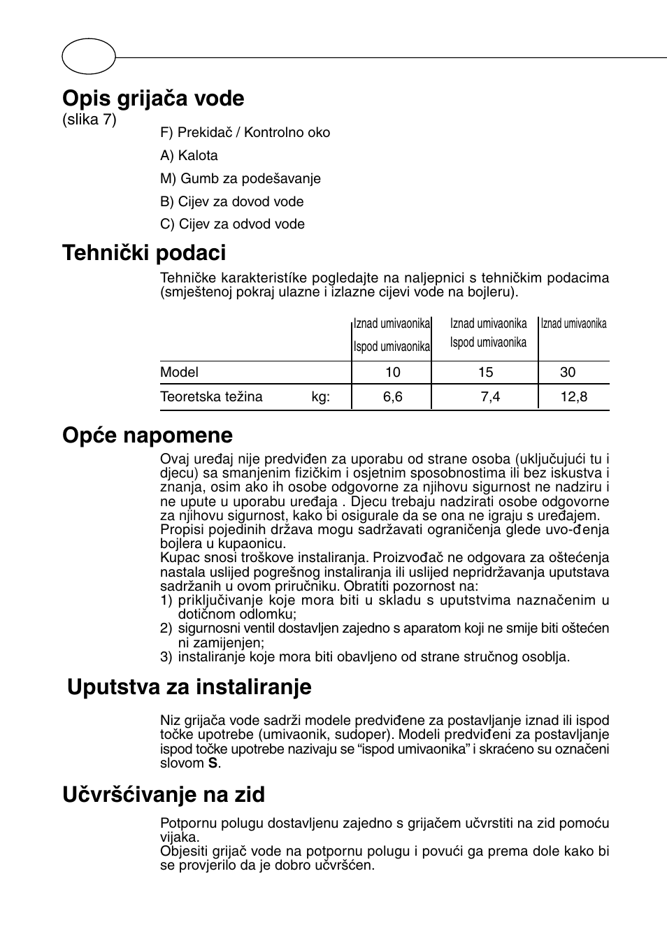 Opće napomene, Opis grijača vode, Uputstva za instaliranje | Učvršćivanje na zid, Tehnički podaci | Polaris Серия P 15 0R/UR User Manual | Page 68 / 88