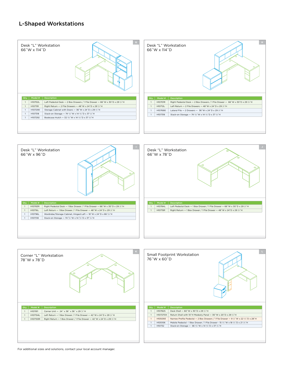 L-shaped workstations, Desk “l” workstation 66˝w x 78˝d, Small footprint workstation 76˝w x 60˝d | Desk “l” workstation 66˝w x 96˝d | HON 10700 Laminate Desking User Manual | Page 4 / 6