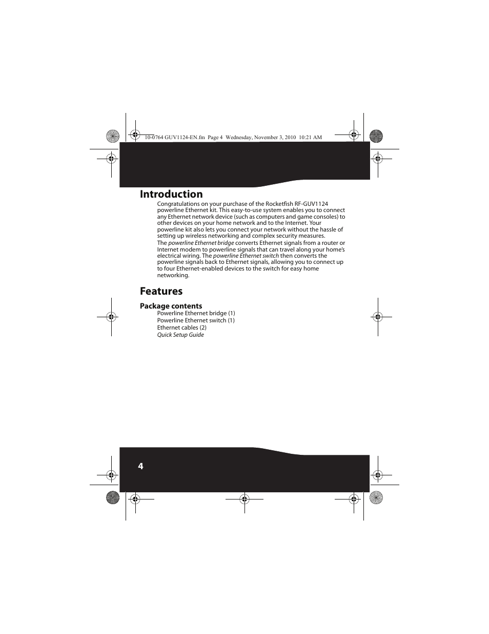 Introduction, Features, Package contents | Introduction features | RocketFish RF-GUV1124 - Quick Setup Guide User Manual | Page 4 / 24