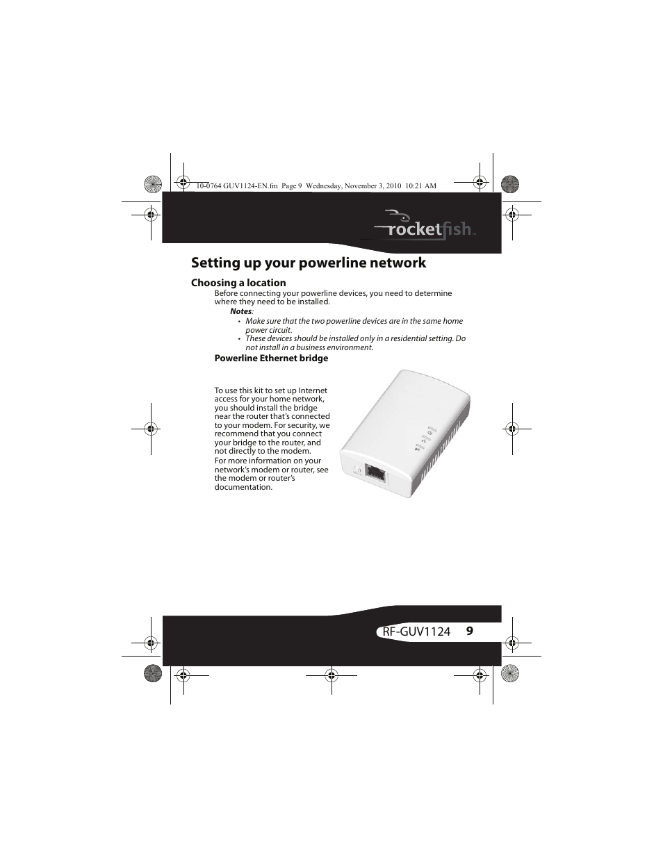 Setting up your powerline network, Choosing a location, Powerline ethernet bridge | RocketFish RF-GUV1124 - Quick Setup Guide User Manual | Page 9 / 24