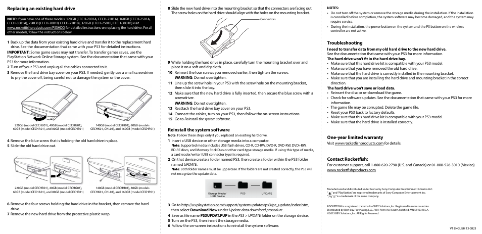 Reinstall the system software, Replacing an existing hard drive, Troubleshooting | One-year limited warranty, Contact rocketfish | RocketFish RF-HD101 - Quick Setup Guide User Manual | Page 2 / 2