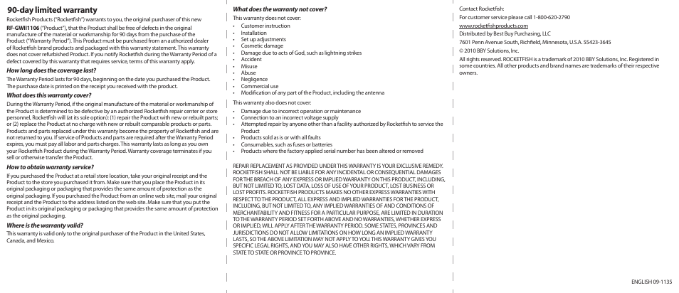 Day limited warranty | RocketFish RF-GWII1106 - Quick Setup Guide User Manual | Page 2 / 2