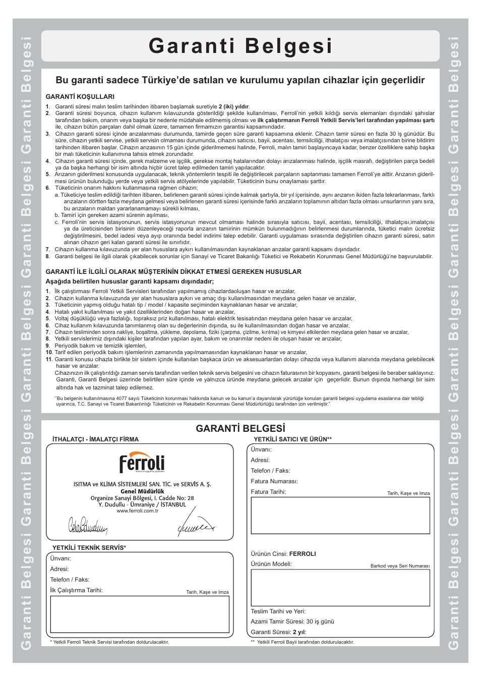 Garanti belgesi, Garant ø belgesø | FERROLI Divatop H C User Manual | Page 28 / 72