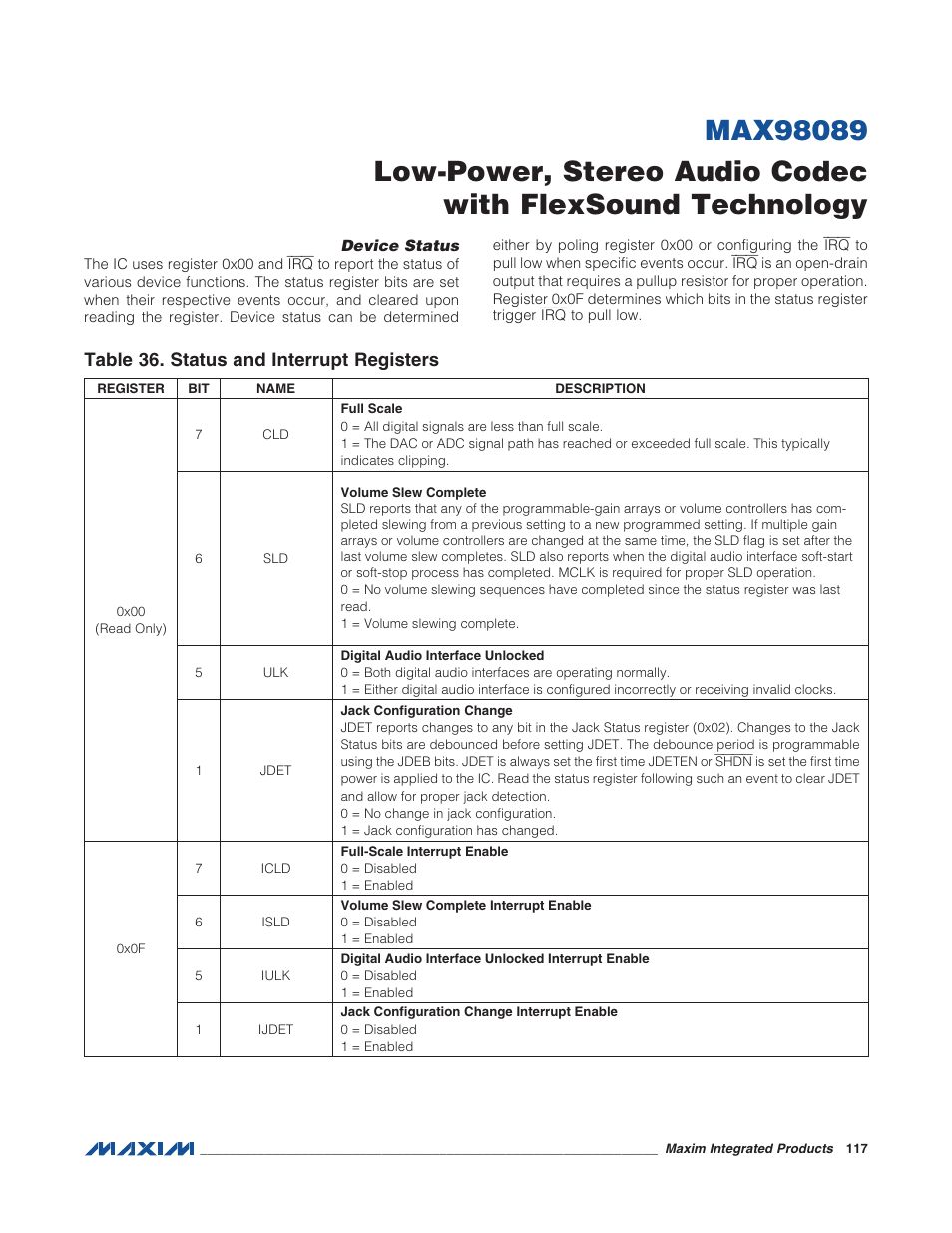 Device status, Table 36. status and interrupt registers | Rainbow Electronics MAX98089 User Manual | Page 117 / 131