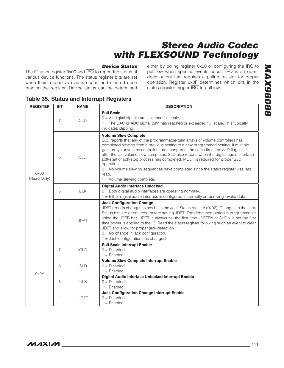 Device status, Table 35. status and interrupt registers | Rainbow Electronics MAX98088 User Manual | Page 111 / 123