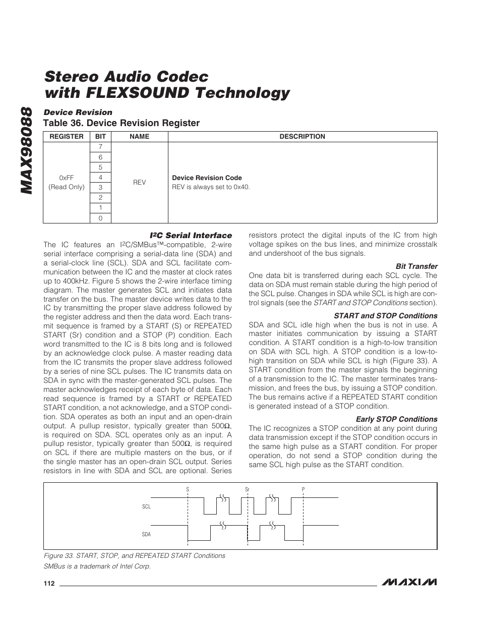 I2c serial interface, Bit transfer, Start and stop conditions | Early stop conditions, Device revision, C serial interface, Table 36. device revision register | Rainbow Electronics MAX98088 User Manual | Page 112 / 123