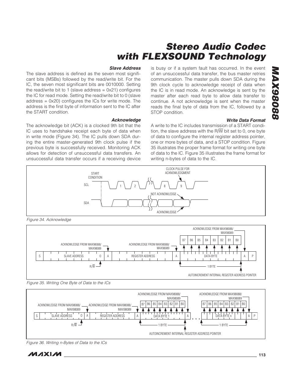 Slave address, Acknowledge, Write data format | Slave address acknowledge write data format | Rainbow Electronics MAX98088 User Manual | Page 113 / 123