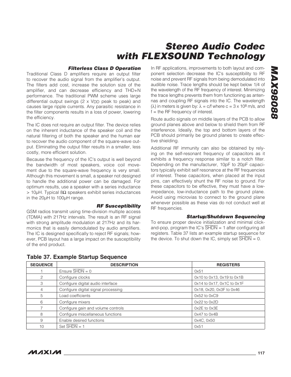 Filterless class d operation, Rf susceptibility, Startup/shutdown sequencing | Table 37. example startup sequence | Rainbow Electronics MAX98088 User Manual | Page 117 / 123