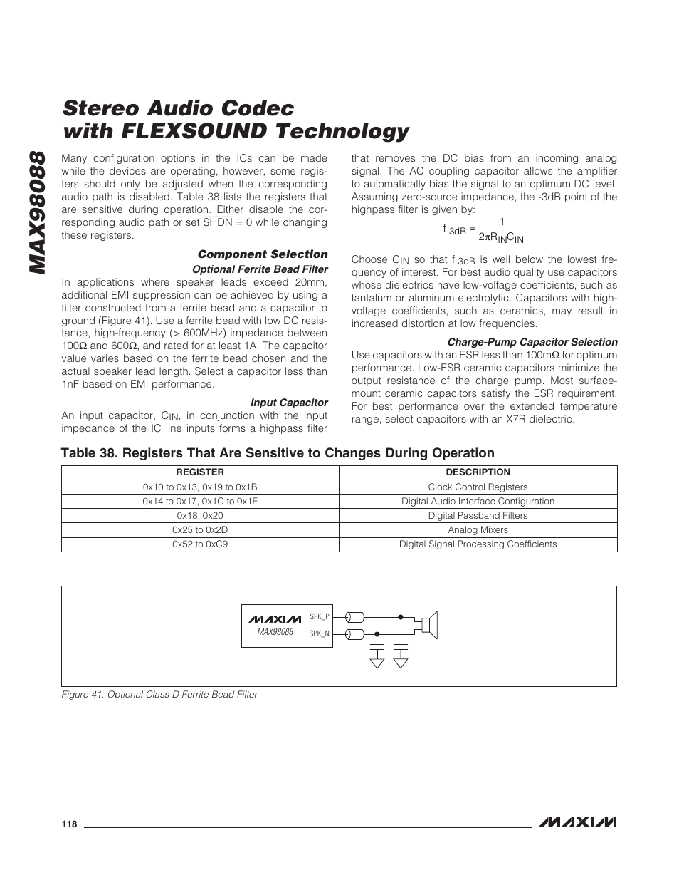 Component selection, Optional ferrite bead filter, Input capacitor | Charge-pump capacitor selection, Charge-pump flying capacitor | Rainbow Electronics MAX98088 User Manual | Page 118 / 123