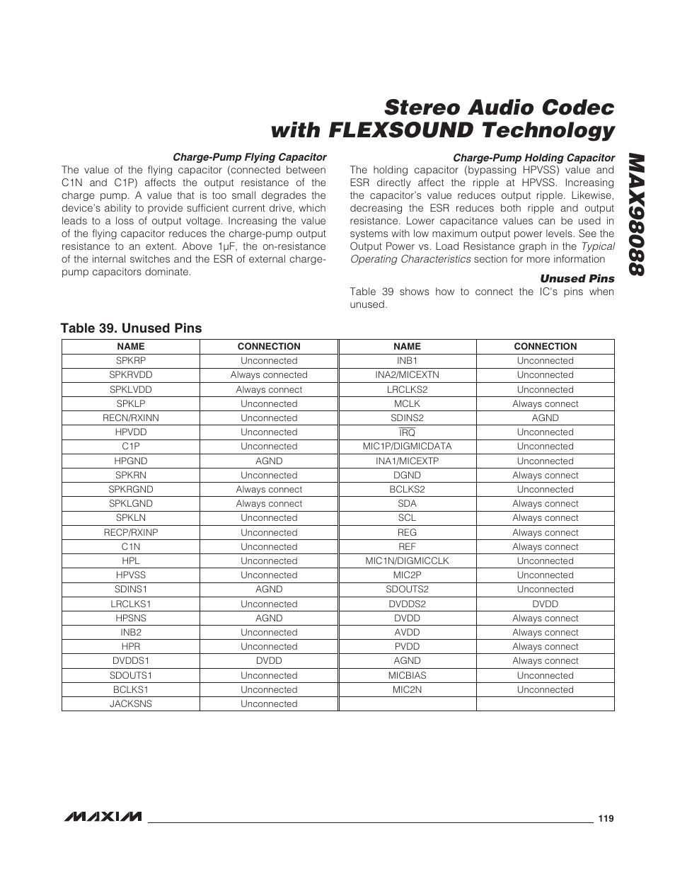 Charge-pump holding capacitor, Unused pins, Table 39. unused pins | Rainbow Electronics MAX98088 User Manual | Page 119 / 123