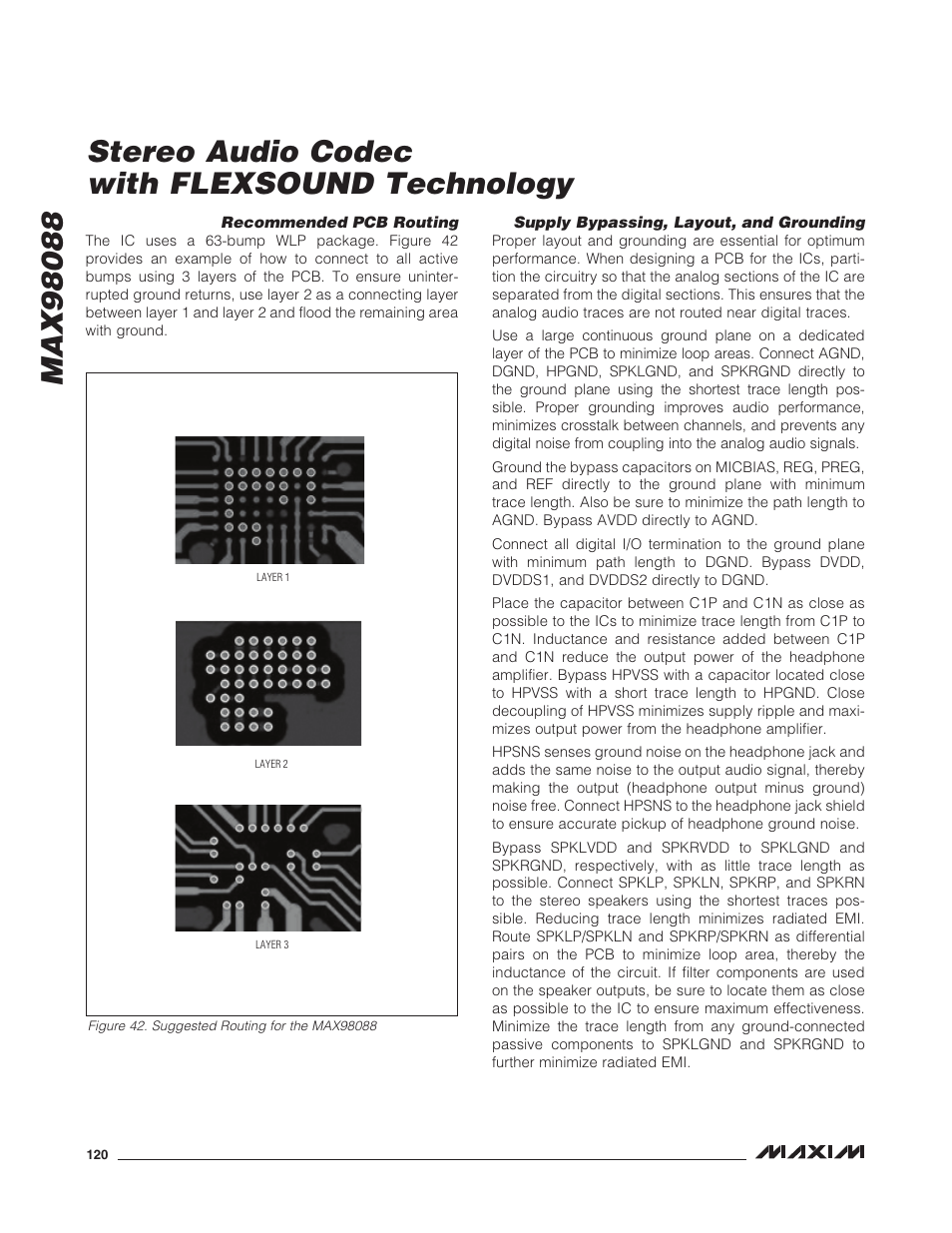 Recommended pcb routing, Supply bypassing, layout, and grounding | Rainbow Electronics MAX98088 User Manual | Page 120 / 123