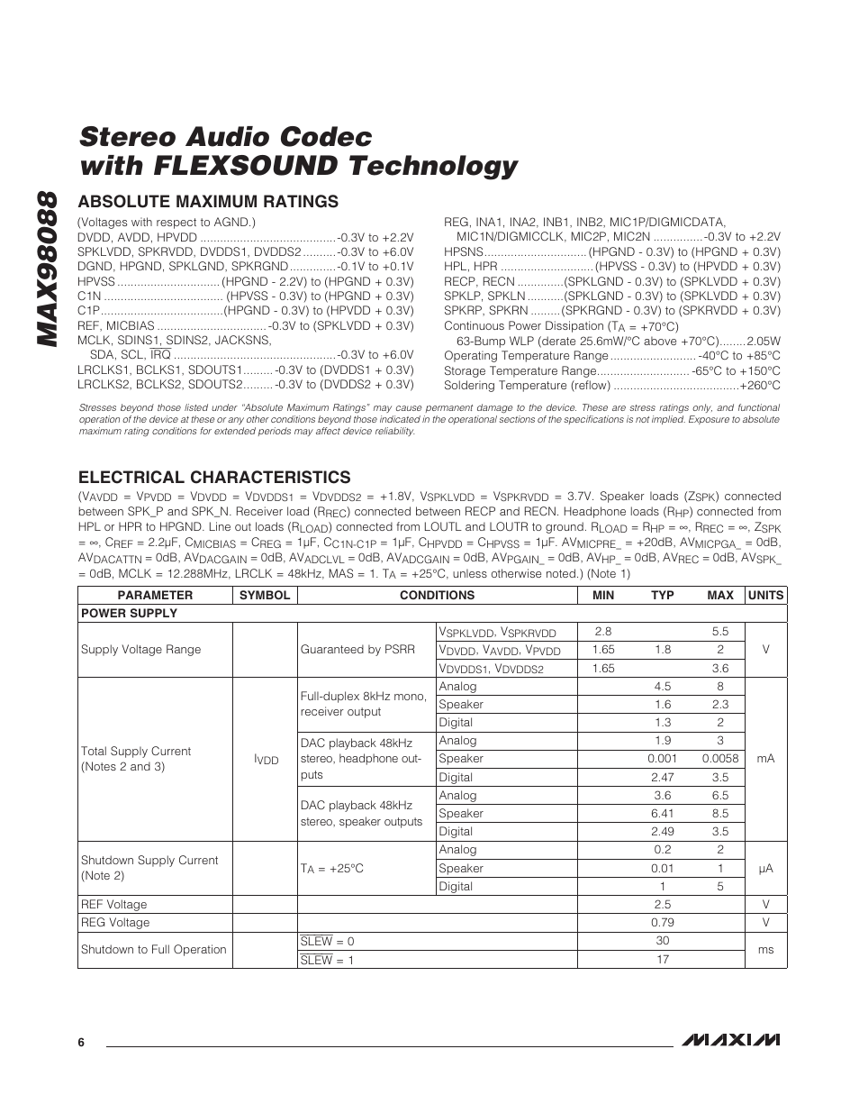 Absolute maximum ratings, Electrical characteristics | Rainbow Electronics MAX98088 User Manual | Page 6 / 123