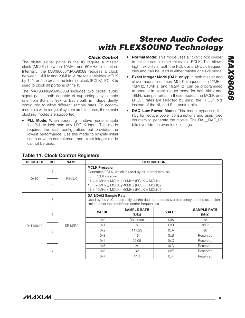 Clock control, Table 11. clock control registers | Rainbow Electronics MAX98088 User Manual | Page 81 / 123