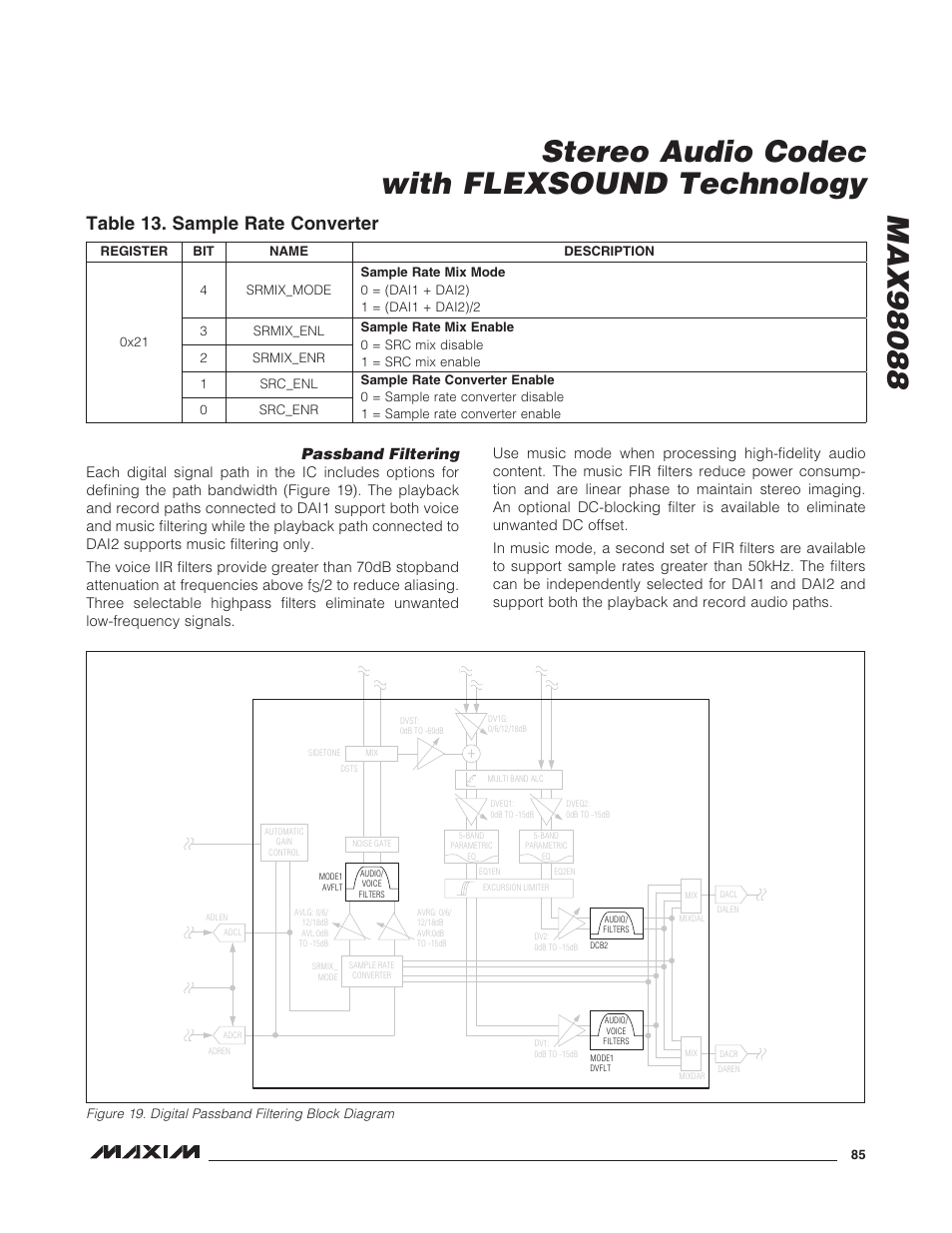 Passband filtering, Table 13. sample rate converter | Rainbow Electronics MAX98088 User Manual | Page 85 / 123