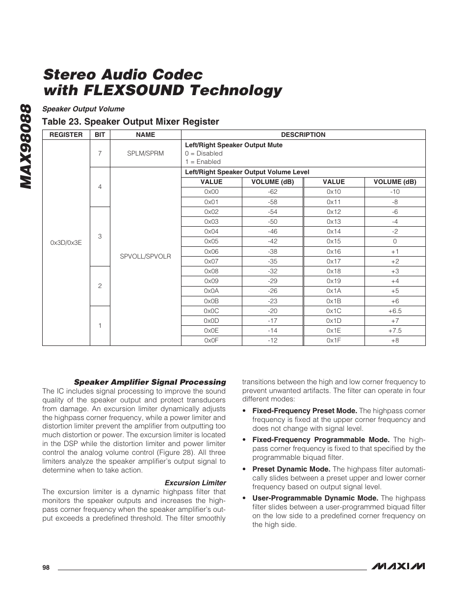 Speaker amplifier signal processing, Excursion limiter, Speaker output volume | Excursion limiter speaker output volume, Table 23. speaker output mixer register | Rainbow Electronics MAX98088 User Manual | Page 98 / 123