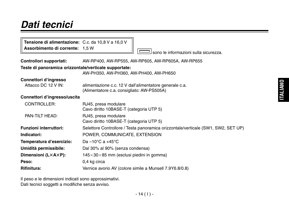 Dati tecnici | Panasonic AW-IF400 User Manual | Page 57 / 112