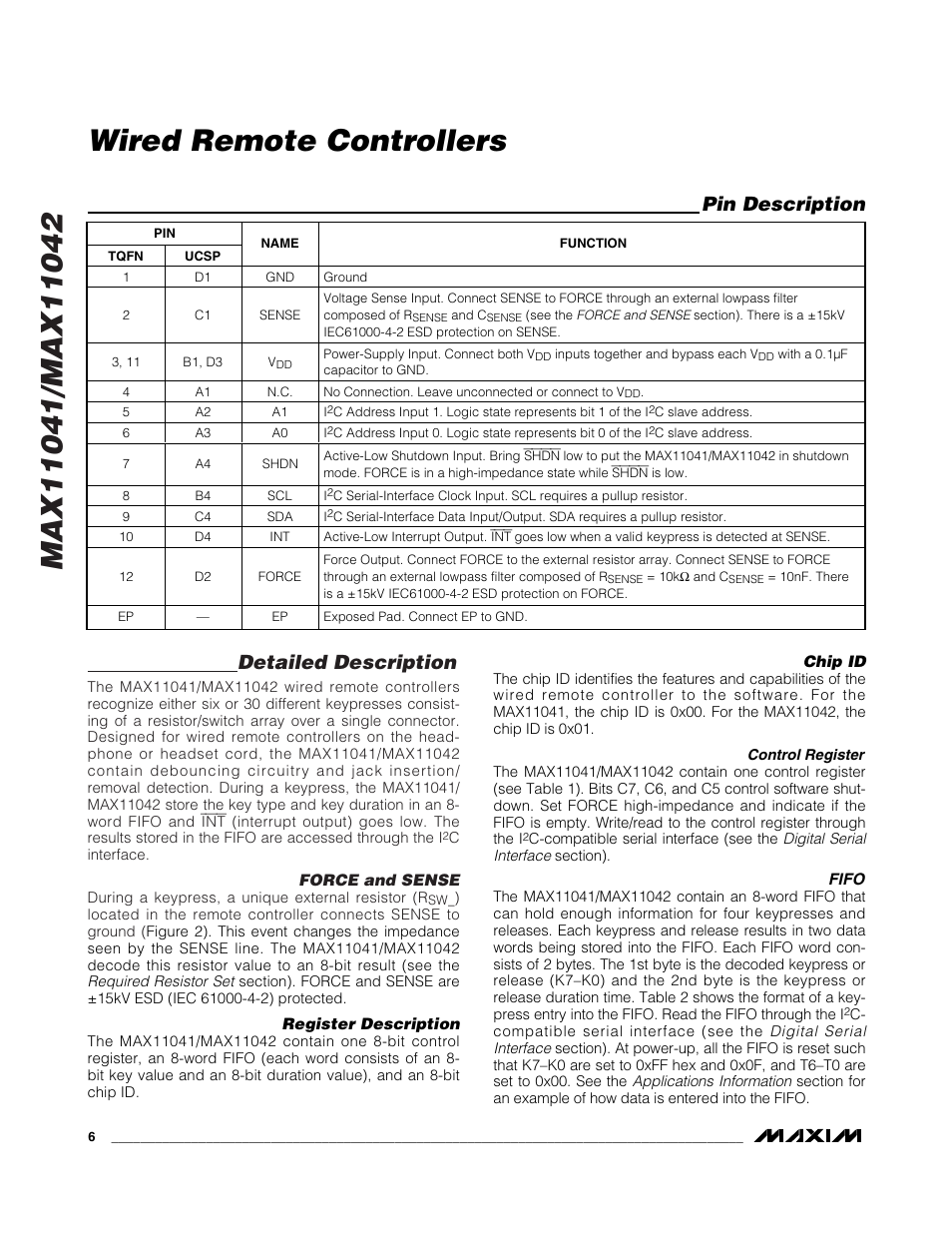 Wired remote controllers, Detailed description, Pin description | Rainbow Electronics MAX11042 User Manual | Page 6 / 18