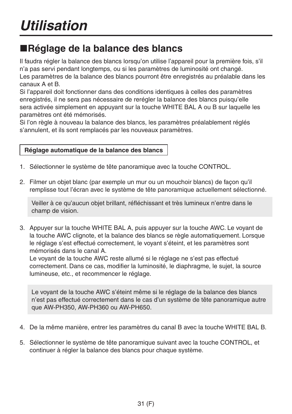 Utilisation, Réglage de la balance des blancs | Panasonic AW-RP555 User Manual | Page 116 / 296