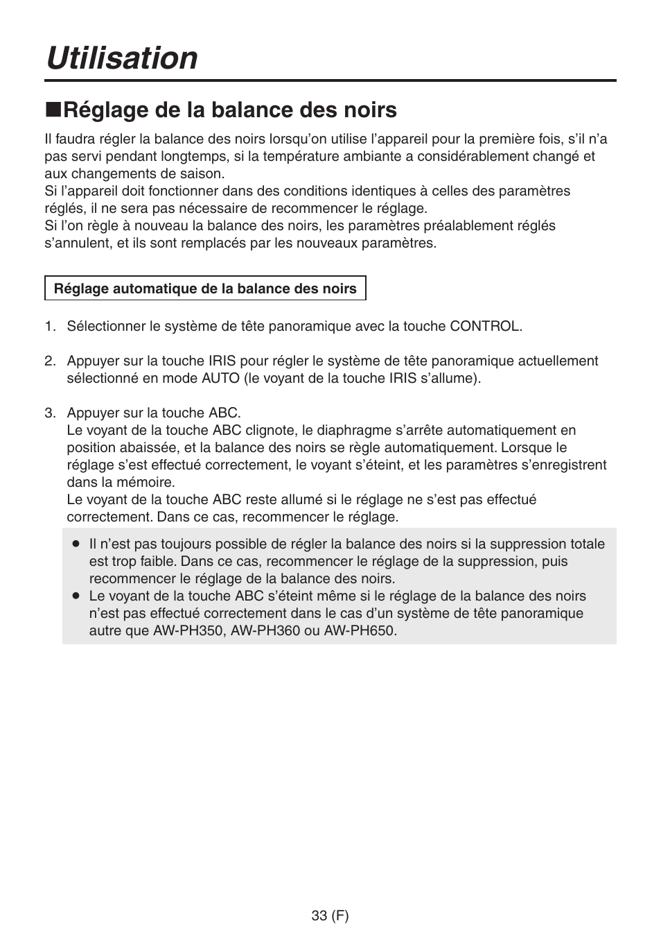 Utilisation, Réglage de la balance des noirs | Panasonic AW-RP555 User Manual | Page 118 / 296