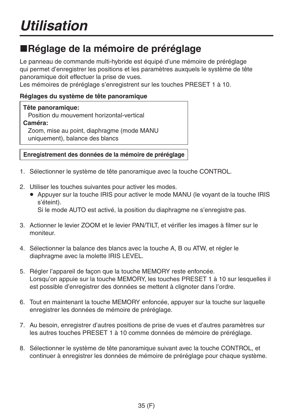 Utilisation, Réglage de la mémoire de préréglage | Panasonic AW-RP555 User Manual | Page 120 / 296