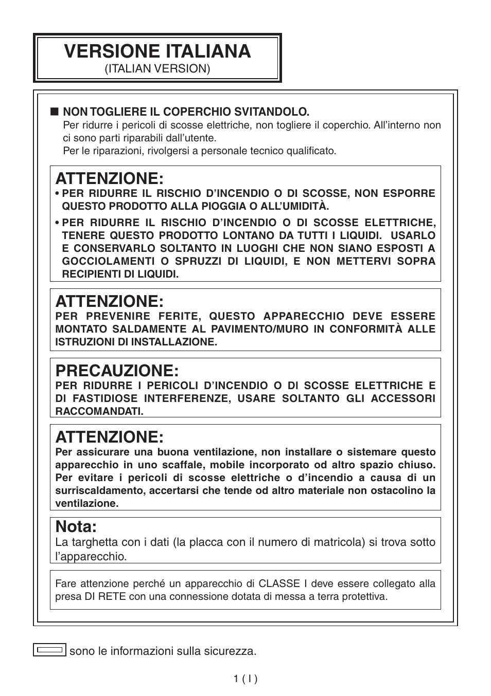 Italian, Versione italiana, Attenzione | Precauzione, Nota | Panasonic AW-RP555 User Manual | Page 128 / 296