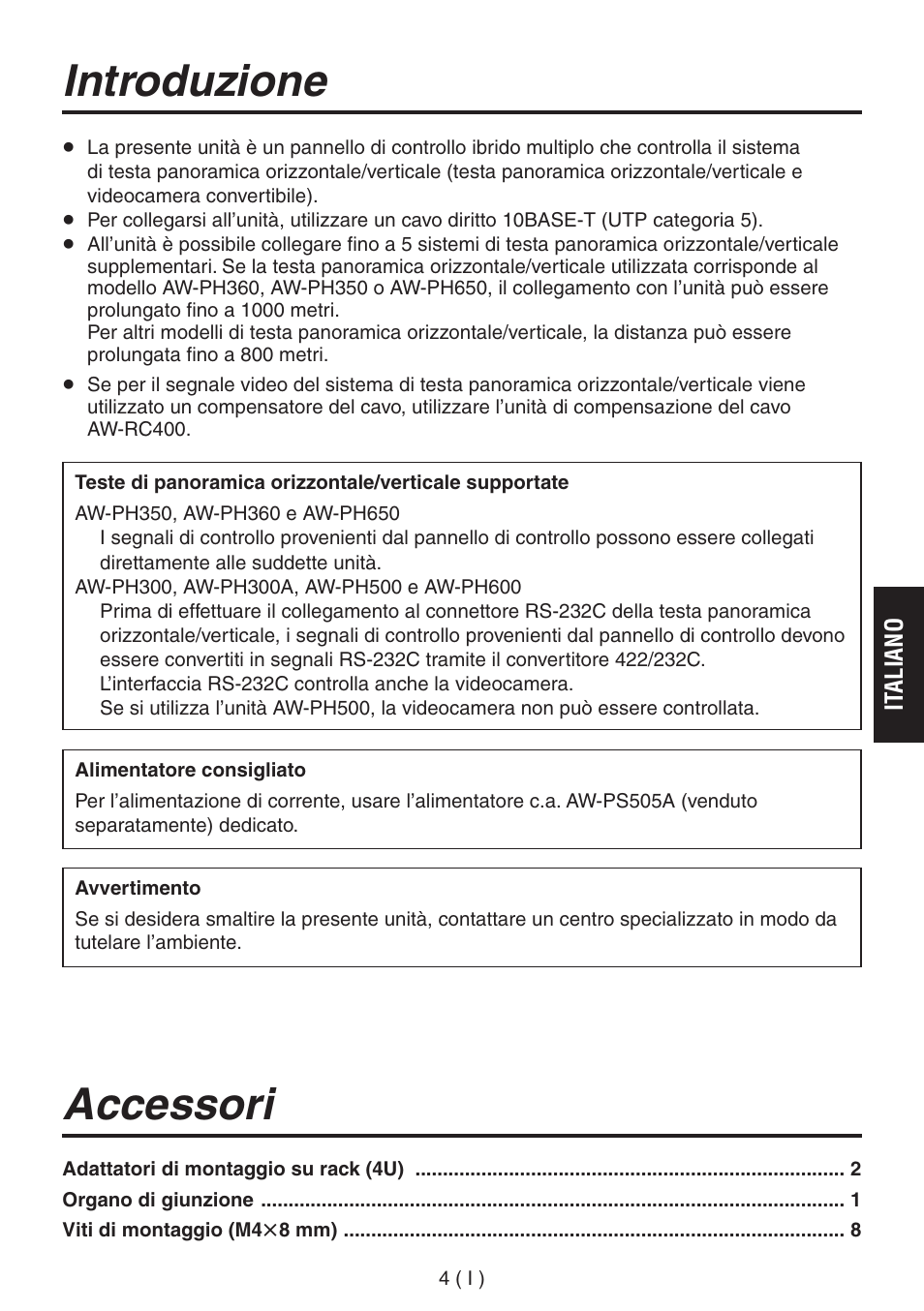 Introduzione, Accessori | Panasonic AW-RP555 User Manual | Page 131 / 296